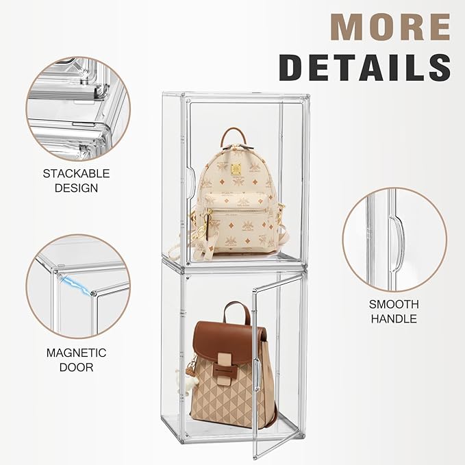 XX-Large Clear Handbag Storage Organizer for Closet 15.3‘’ Tall Acrylic Display Case Clear Purse Organizer Stackable Storage Box for Boots, Big Tote Bag, Collectibles, Cosmetic, 2 Pack
