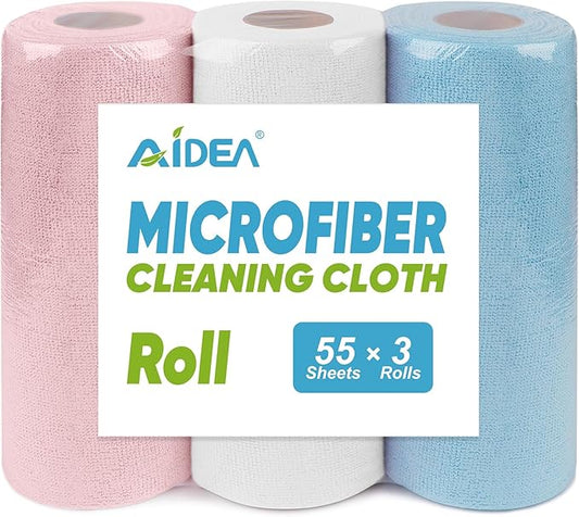 AIDEA Microfiber Cleaning Cloth Roll 165 Sheets(3 Roll), Tear Away Microfiber Towels, Reusable Paper Towels, Washable Shop Rags, Scratch Free, Absorbent Dish Rags for Car, Home, Shop, 11" x 9"