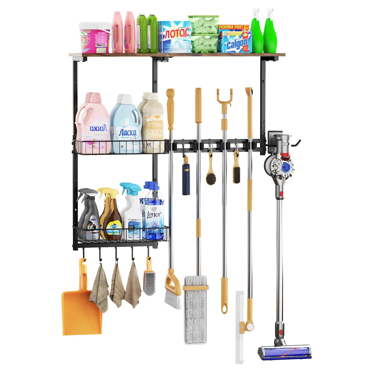 Broom Holder Wall Mount，With A Storage Basket Cleaning - Image 1