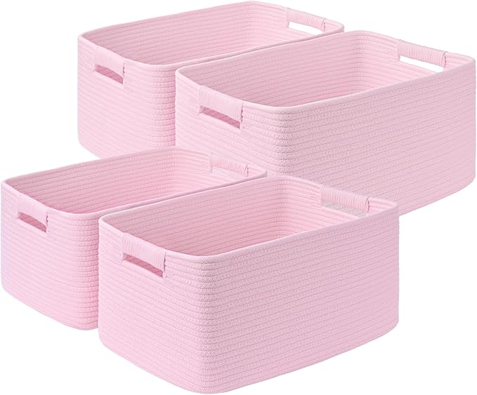 4 Pack Large Storage Basket for Organizing, 17.5"x13"x7" Woven Basket for Shelves, Closet Cube Storage Bins with Wrapped Handle, Cotton Rope Baskets for Kitchen, Clothes, Toys(Light Pink)