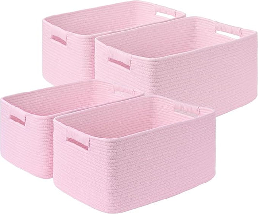 4 Pack Large Storage Basket for Organizing, 17.5"x13"x7" Woven Basket for Shelves, Closet Cube Storage Bins with Wrapped Handle, Cotton Rope Baskets for Kitchen, Clothes, Toys(Light Pink)