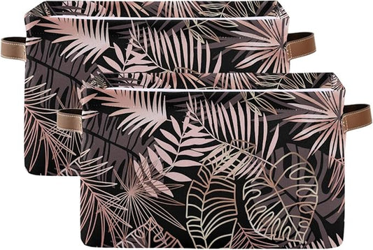 susiyo Large Foldable Storage Bin Rose Gold Palm Leaves Fabric Storage Baskets Collapsible Decorative Baskets Organizing Basket Bin with PU Handles for Shelves Home Closet Bedroom Living Room-2Pack