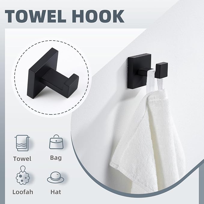 Bathroom Hardware Set Matte Black, Angle Simple Stainless Steel Bath Accessory Kit, 4 Pieces - Towel Hook, Toilet Paper Holder, Towel Holder and Towel Bar