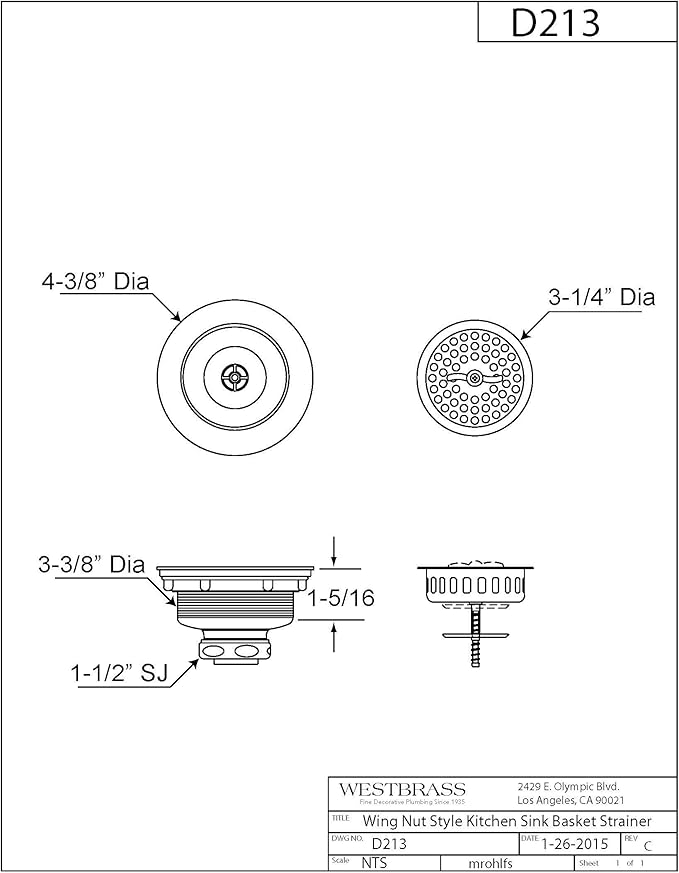 Westbrass Wing Nut Style Large Kitchen Sink Basket Strainer, Polished Nickel, D213-05