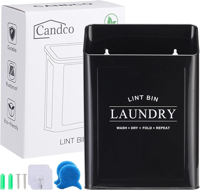 Magnetic Lint Trash Can for Laundry Room, Metal Dryer Lint Bin with 2 Pet Hair Remover, Farmhouse Laundry Room Decor, Black