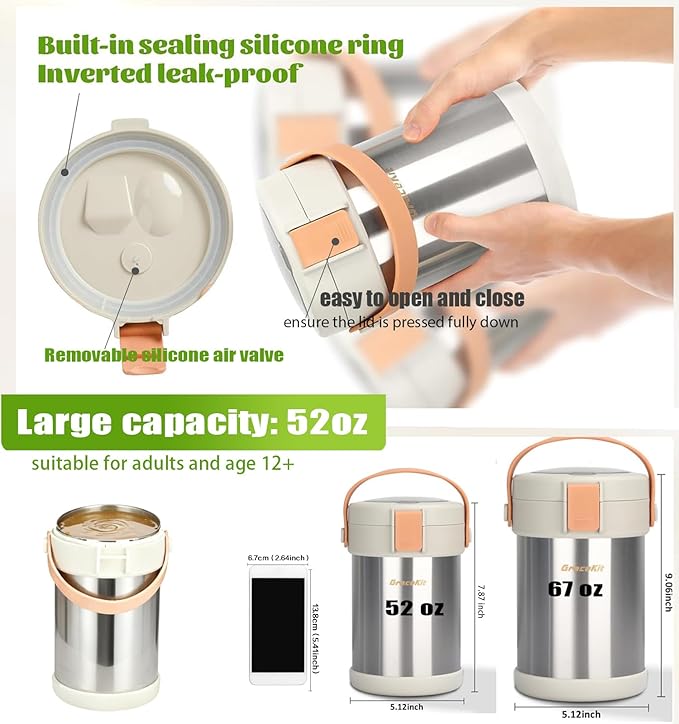 52 oz Hot Food Thermo, Insulated Food Container,7.8In 2 Layer Insulated Lunch Box Kit Stainless Steel Vacuum Soup Food Thermo Stackable Hot Food Jar Bento Box for Men, Women