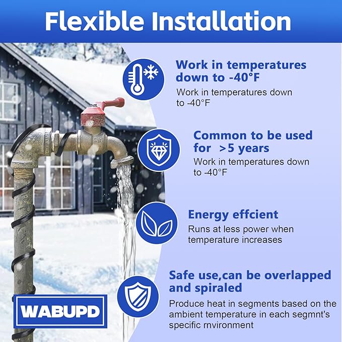 3FT-200FT Heat Tape for Water Pipes, -40°F Deicing Pipe Heat Cable,Electric Heating Cable Pipe,Frezze Protection for Heat Trace Cable for Metal, Plastic Home Pipes,Gutter,120V 5W/ft（100FT）