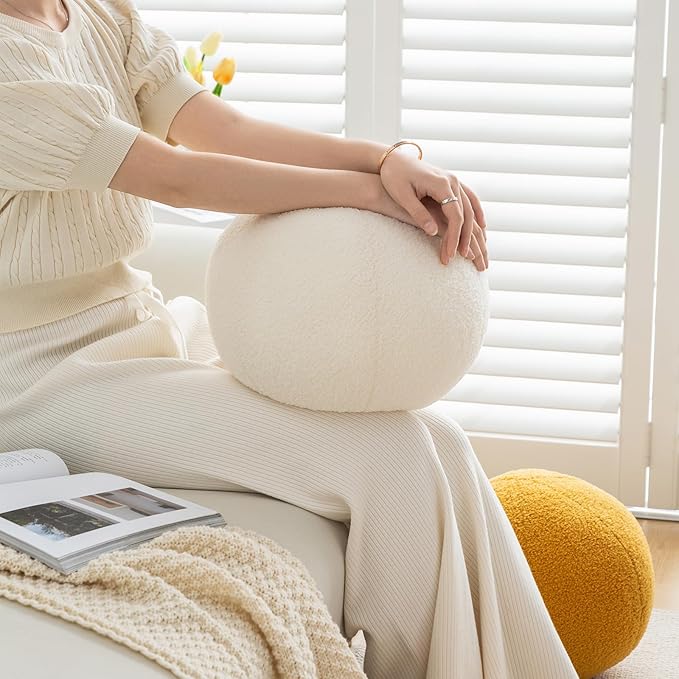 11.8 inch Ball Pillow Round Decorative Pillow Yellow Sphere Shaped Throw Pillows Soft Nordic Style Boucle Pillows Cushion for Bed Couch Living Sofa Room Decor
