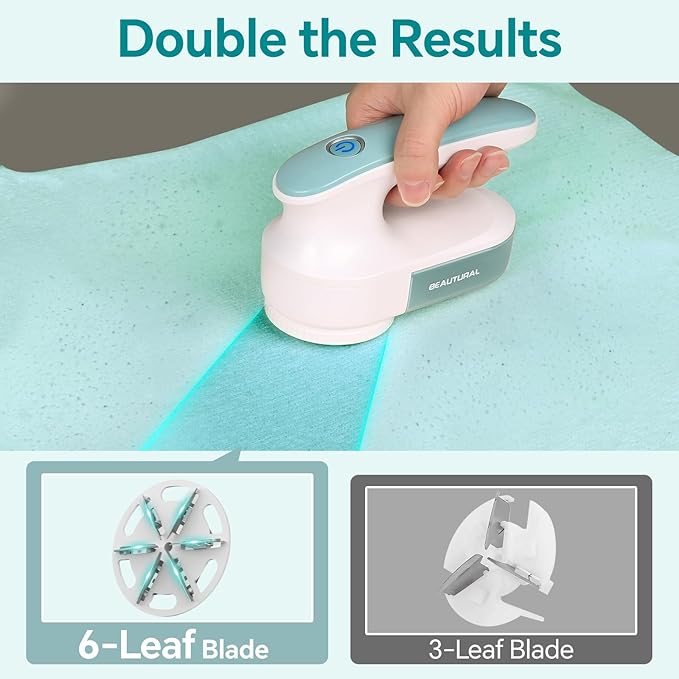 BEAUTURAL Fabric Shaver and Lint Remover, Rechargeable Electric Sweater Shaver with 2 Speeds, 6 Leaf Blades, Portable Pilling Remover for Clothes, Furniture, Blankets