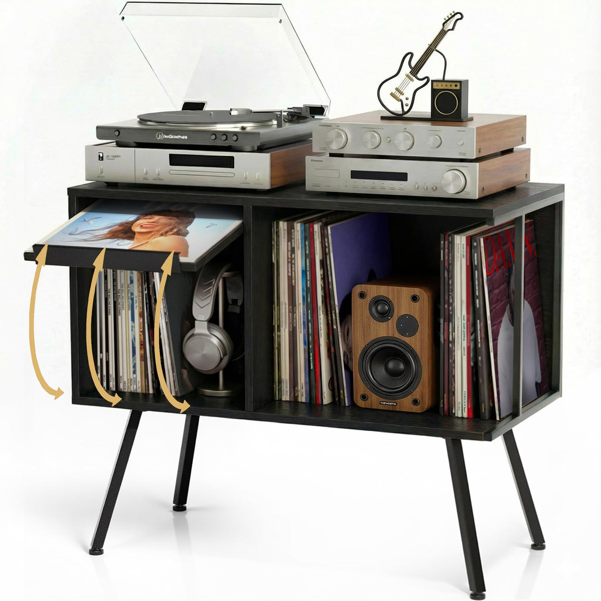 Record Player Stand with Flip-Down Record Shelf, Black - Image 1