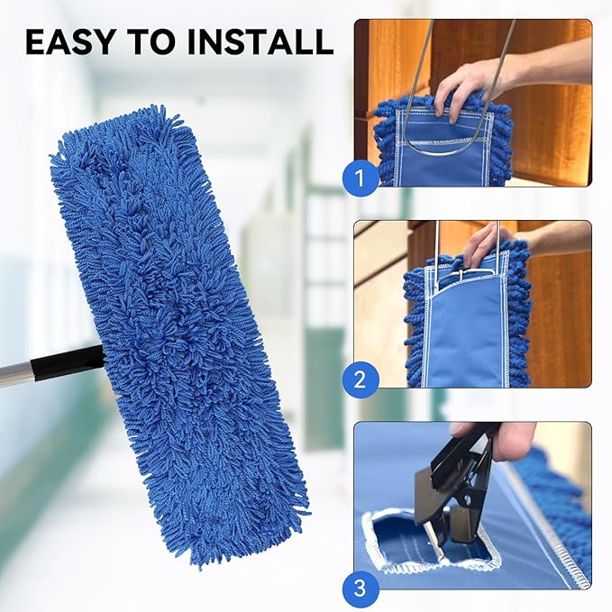 BeiLan 3 Pack 24 Inch Microfiber Dust Mop Head, Medium Washable Commercial Sweeper and Janitorial, Blue