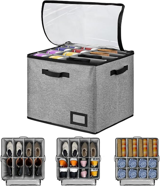 UPgraded Stackable Shoe Box Organizer for Closet, Clear Lid & Reinforced Handles, 16-32 Pairs (Sneakers to Heels), Sturdy Storage Solution for Home, Travel & Entryway, Grey