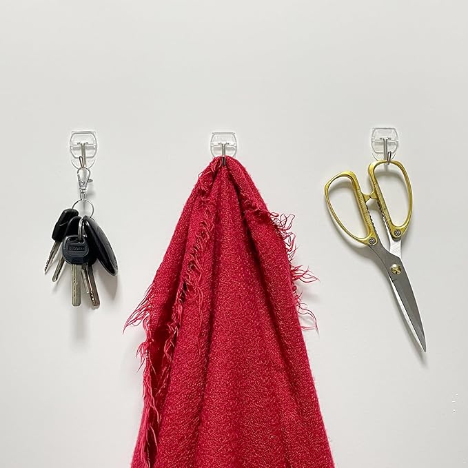 20 Hooks-25 Removable Strips, Small Clear Wire Hooks Value Pack, Damage Free Hanging Wall Hooks with Adhesive Strips, Removes Cleanly, No Tools Utility Hooks for Hanging Decorations