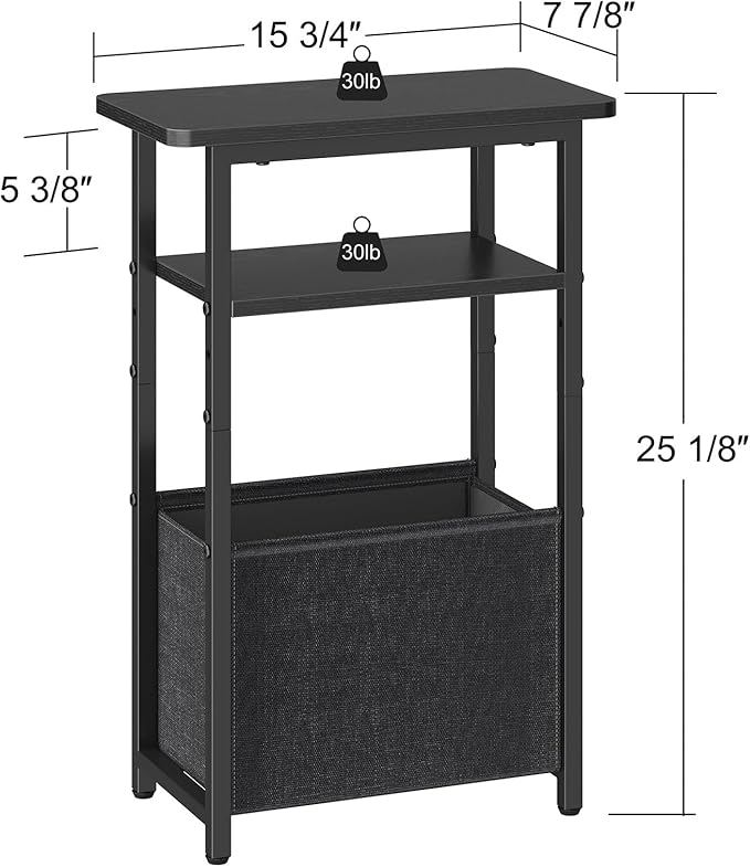 Narrow Side Table Set of 2, Skinny End Tables with Fabric Basket, Small Side Tables for Small Space,2-Tier Open Shelves with Basket, Slim Nightstands Set 2 for Bedroom,Livinroom,Office, Black