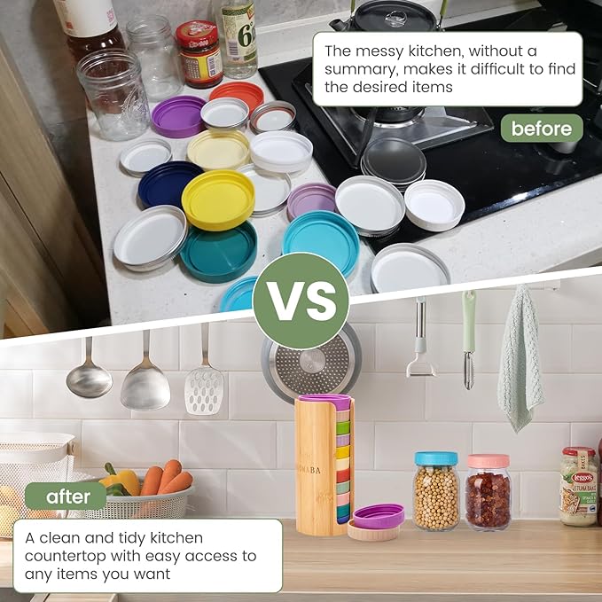 Mason Jar Lid Organizer (2pcs), Mason Jar Lid Storage Made of Bamboo, Suitable for Mason/Canning/Bamboo Lids(WIDE/REGULAR), Fit Perfectly, Stackable Steady