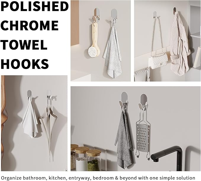 Adhesive Towel Hooks for Bathrooms 2 Pack Polished Chrome Stainless Steel and Zinc Alloy Sticky Wall Hooks for Hanging Heavy Duty Self Adhesive Robe Shower Hanger for Kitchen, Closet, Cabinet, Door