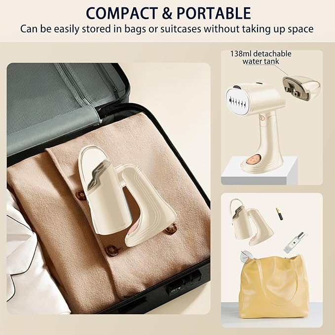 Handheld Steamer for Clothes, A 1500W Powerful Steamer with A 138ML Detachable Large Water Tank, Foldable Portable Steam Iron Suitable for Home, Dormitory, Office & Travel (Applicable to 110V) (White)