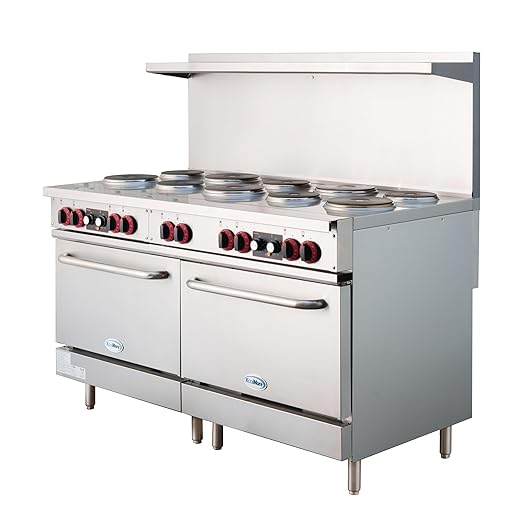 KoolMore KM-CR60-E 60 in. Commercial Range with 10 Burners and 2 Standard Electric Ovens in Stainless Steel-208V 3-Phase, CSA Listed, Solid Black