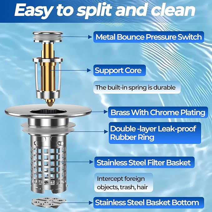Bathroom Sink Drain Strainer, Stainless Steel Pop-up Strainer Basket Hair Catcher with Removable Basket, Brass Bullet Core, Universal Fit 1.1-2.36 Inch (4PCS)