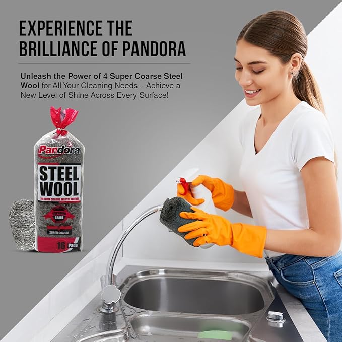 Pandora Steel Wool #4 – Extra Coarse Grade, 48 Pads for Tough Cleaning - Metal Strands - Ideal for Removing Stubborn Paint, Rust, Dirt, and Varnish