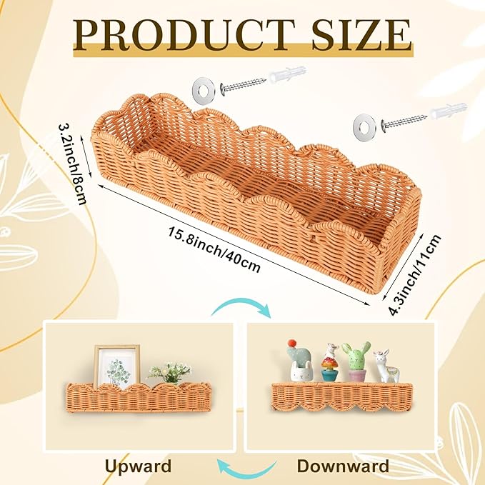 2 Set Nursery Book Shelves Scalloped Plastic Artificial Rattan Classroom Wall Shelf 15.8 Inch Wall Mounted Floating Bookshelve, Hanging Boho Wicker Woven Shelf for Bedroom Farmhouse Decor (2, Brown)