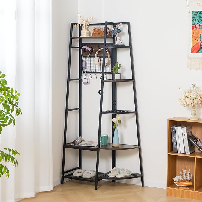 DOEWORKS Entryway Hall Tree with Storage Shelves, Freestanding Industrial Storage Rack Organizer Tower with Hooks, Rustic Brown