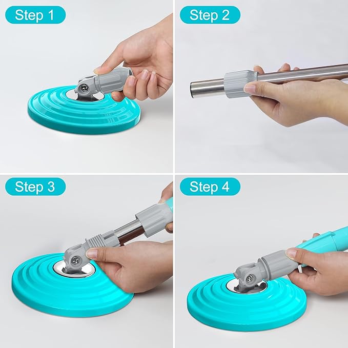 Stainless Steel Extendable Mop Handle with 2 Microfiber Replacement Heads & 360° Rotating Base Plate — Fits Standard Mop Buckets -Blue