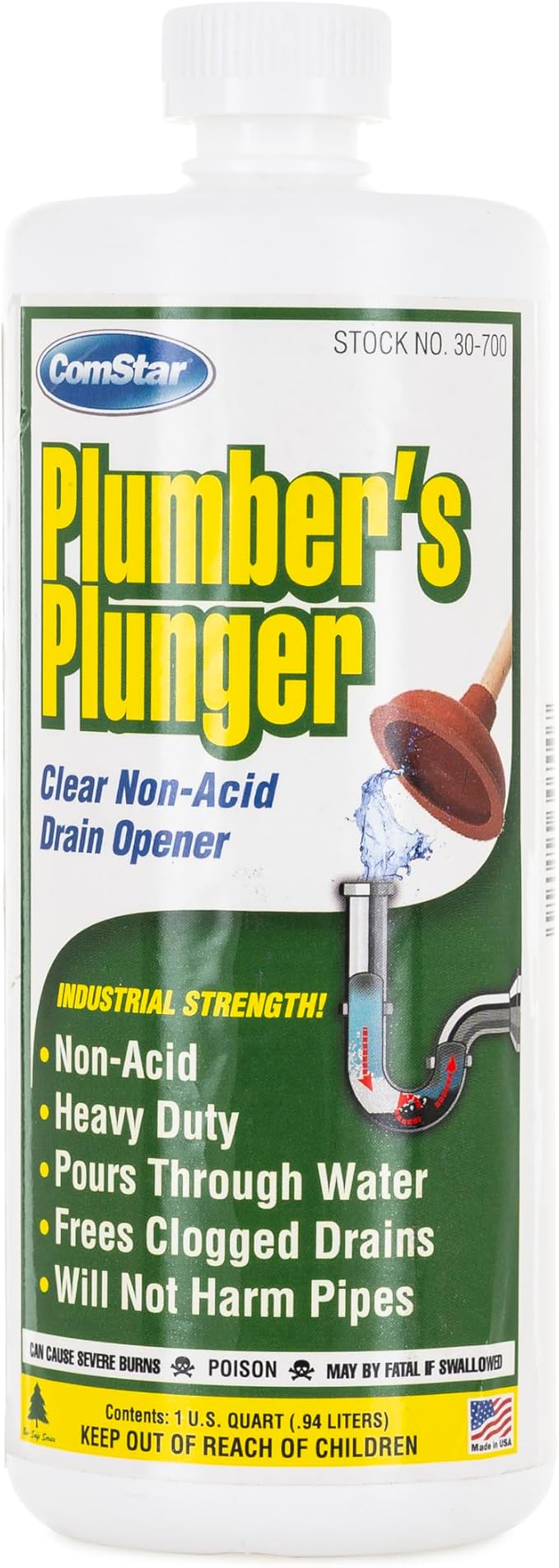 ComStar Plumber’s Plunger, Liquid Drain Opener, Frees Clogged Drains Fast, Dissolves Hair Grease Soap & Organic Matter, Safe For Pipes, Concentrated Heavy Duty Drain Cleaner, (1 Quart)