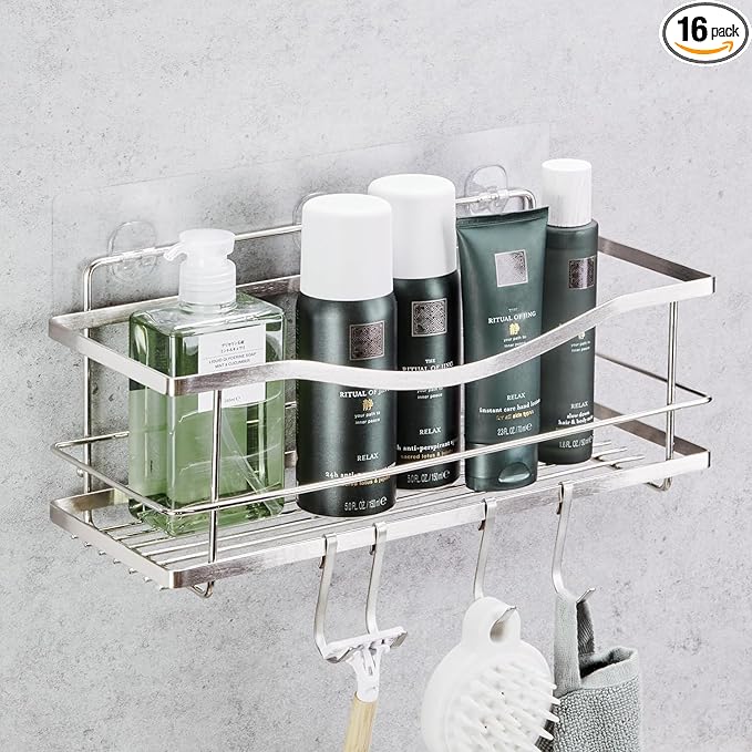 Luxury Multipurpose Storage Caddy, 12.75W x 5D x 5H inches, 4 Hooks, Peel and Stick, Rustproof Stainless Steel, Shower Organizer, Under-Sink, Spice Rack Wall Shelf (16)