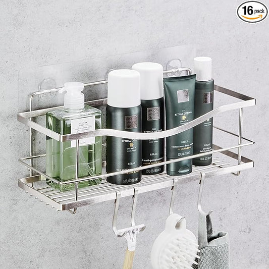 Luxury Multipurpose Storage Caddy, 12.75W x 5D x 5H inches, 4 Hooks, Peel and Stick, Rustproof Stainless Steel, Shower Organizer, Under-Sink, Spice Rack Wall Shelf (16)
