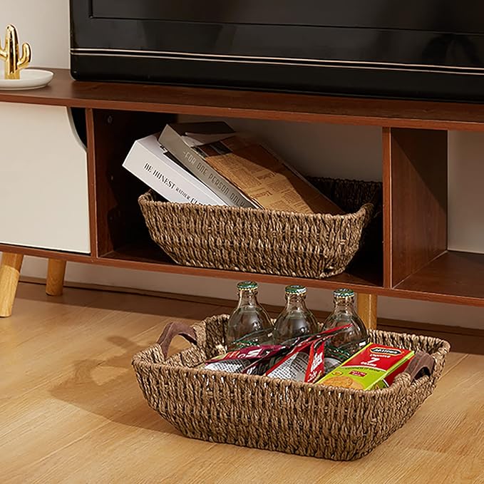 FairyHaus Hand-Woven Wicker Storage Basket with Natural Wooden Handles Set of 2, Recyclable & Renewable Paper Rope, 15x10x5 Wicker Baskets for Storage, Brown