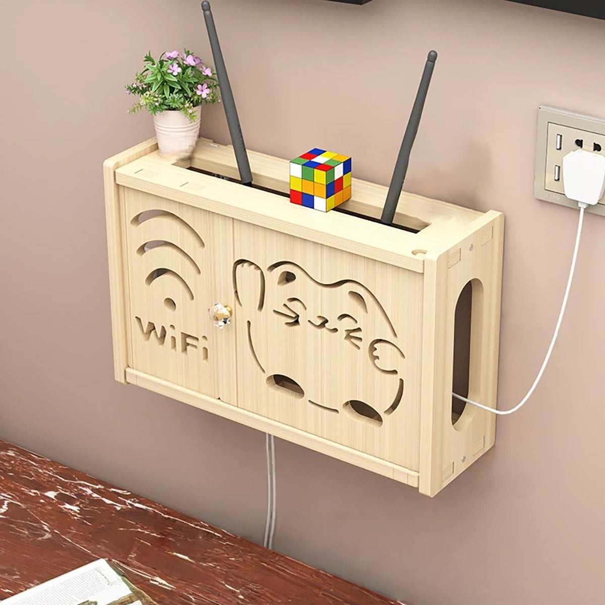 Wall Mounted Router Storage Box,Wood Wireless WiFi Router Shelf - Image 1