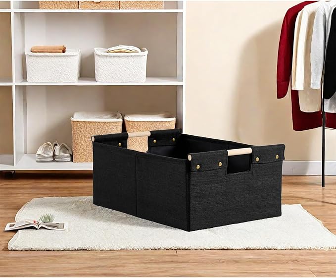 2PCS Storage Bins Cotton Linen Fabric Storage Boxes Basket with Wooden Handles Foldable Washable Decorative Shelf Container Closet Clothes Organizer Home Laundry (Large Size, Black)