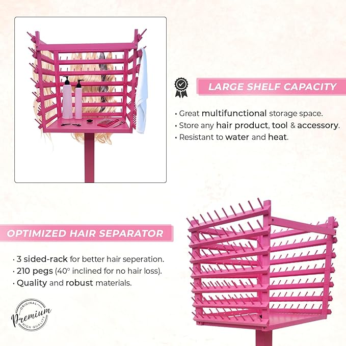 Braiding Hair Rack, Hair Extension Holder, Hair Braiding Tools, Hair Product Organizer, Wooden 3-Sided Rack Stand, Large Capacity (210 pegs) (Pink)
