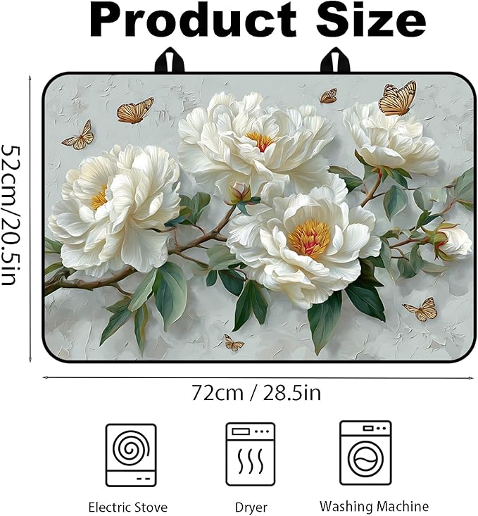 Glass Stove Top Covers for Electric Stove, Heat Resistant Counter Protector Mat, Non Slip Waterproof Surface Cover for Kitchen Counter and Cooktop (White Peonies, 28"L x 20"W)