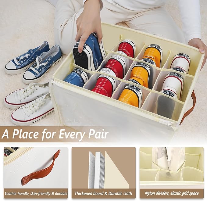 2 Pack Shoe Storage Box Organizer for Closet - 24 Cell Space Saver Shoes Containers Bin with Clear Lids Stackable, Can Fit Ottoman, Foldable Shoe Rack Cabinet Cubby for Wardrobe