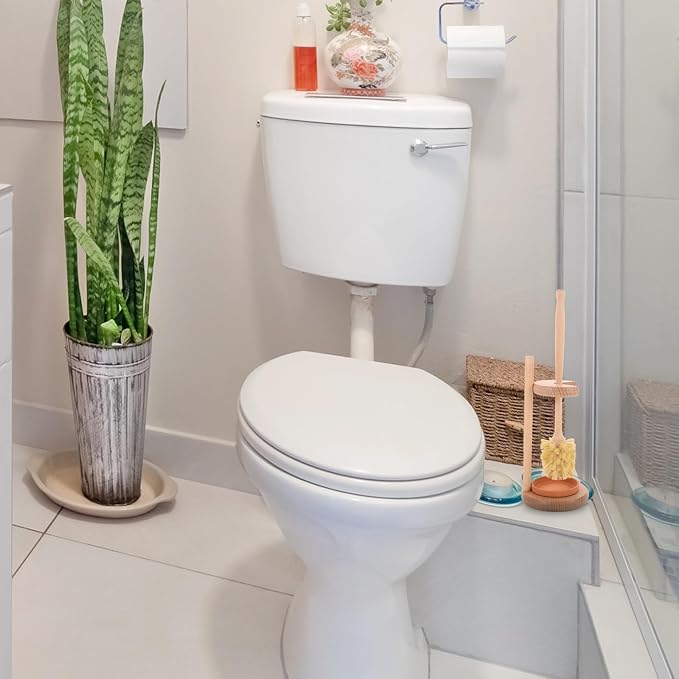 Ceramic Toilet Brush and Holder Set with Long Handle, Sisal Bristles Bathroom Scrubber Cleaner, Beech Wood Base for Toilet Bowl Cleaning Tools