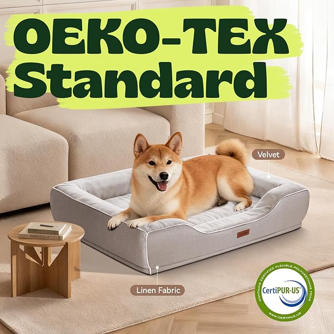 Cooling Dog Beds for Large Dogs with Removable Faux Fur Washable Covers,Waterproof Orthopedic Pet Couch Bed with Cool Gel Memory Foam and Bolster Side for Senior Pets,36" x 27" x 6.5" Beige
