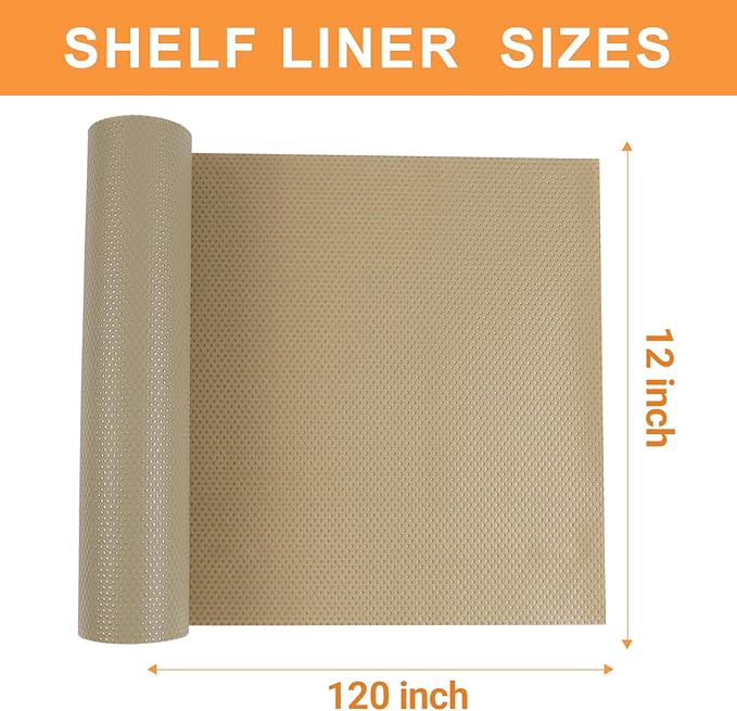 FLPMIX Shelf Liners for Kitchen Cabinets: Waterproof Non-Adhesive Drawer Liner - 12" x 120" Khaki Easy to Cut Cupboard Mat for Pantry Shelves