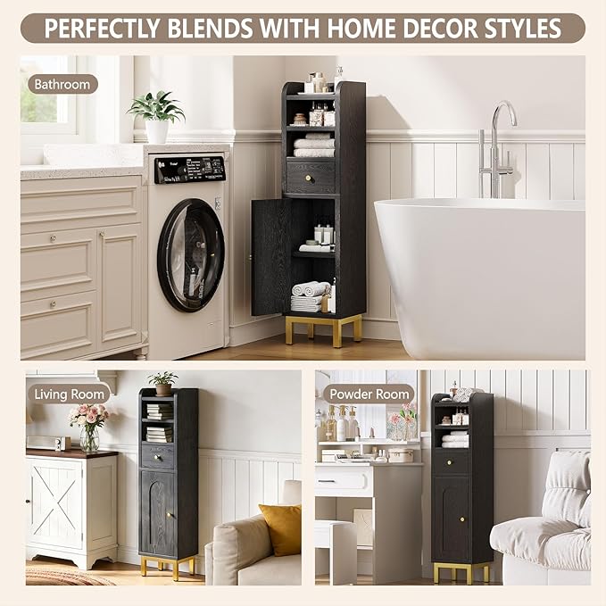 Small Bathroom Storage Cabinet, Bathroom Cabinet with Adjustable Shelves & Doors & Drawer, 7.87" x 7.87" x 32.4" Narrow Toilet Paper Cabinets for Small Spaces Organizer, Black
