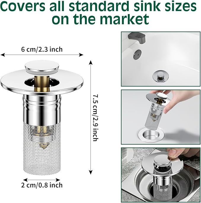 3 in 1 Sink Drain Strainer with Hair Catcher,4PCS Stainless Steel Popup Sink Stopper with Basket for Bathroom Kitchen Shower,Pop-up Bounce Core Floor Basin Drain Filter,Replacement Sink Plug