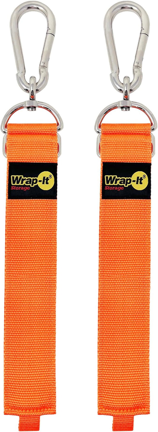 Wrap-It Storage Hook 'n Hang Straps - 32" Blaze Orange - 2-Pack Carabiner Straps for Cord Storage or Garden Hose