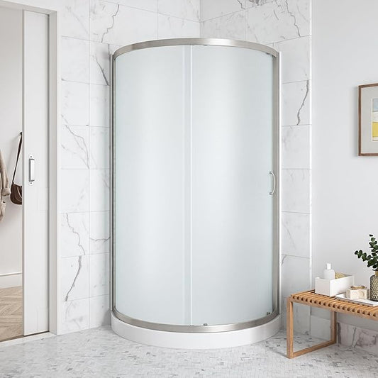 OVE Decors Breeze 36 in. Corner Shower Frosted Sliding Door with Base in Satin Nickel Finish