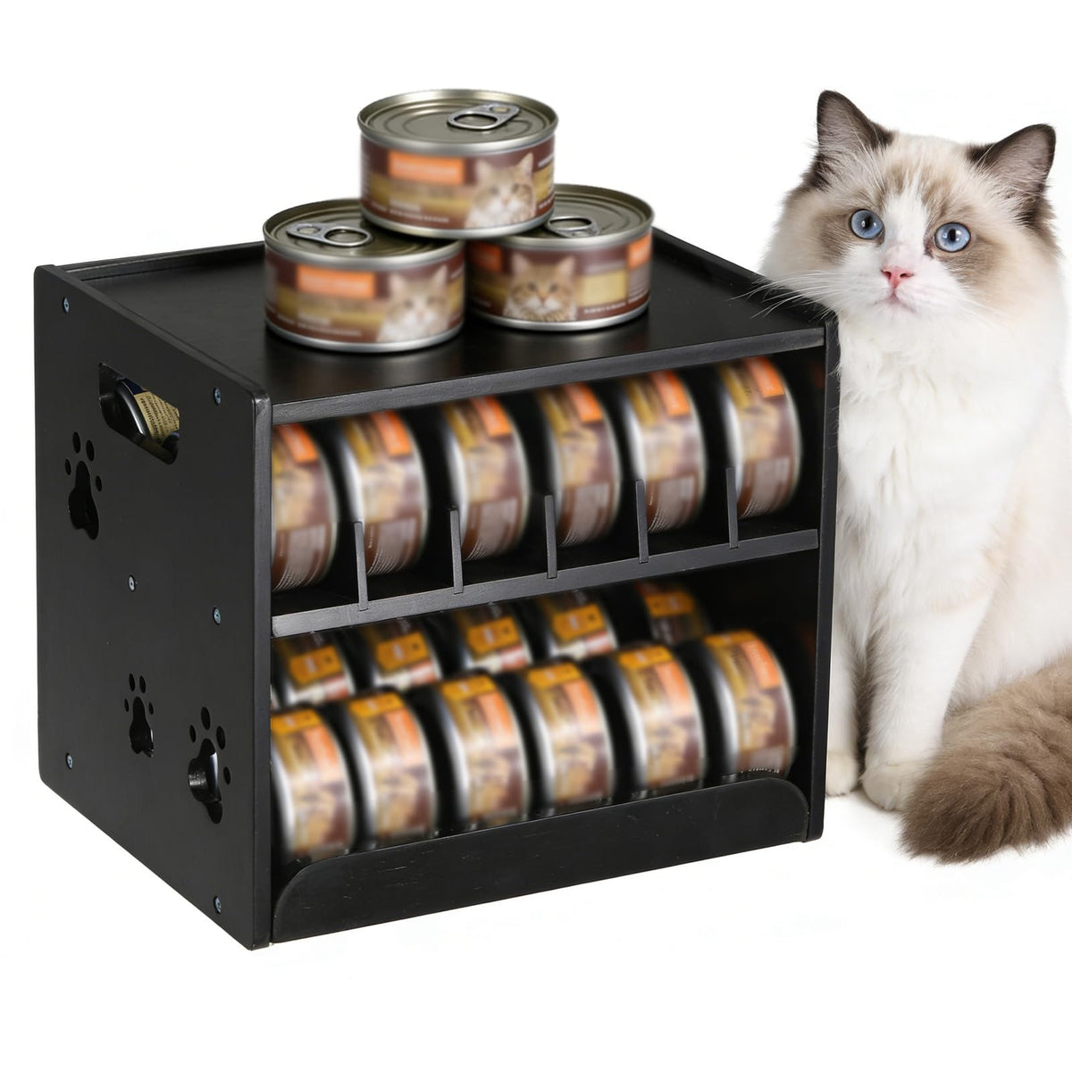 JALZ JALZ Bamboo Cat Food Can Dispenser 2-Tier Gravity Pet - Image 1