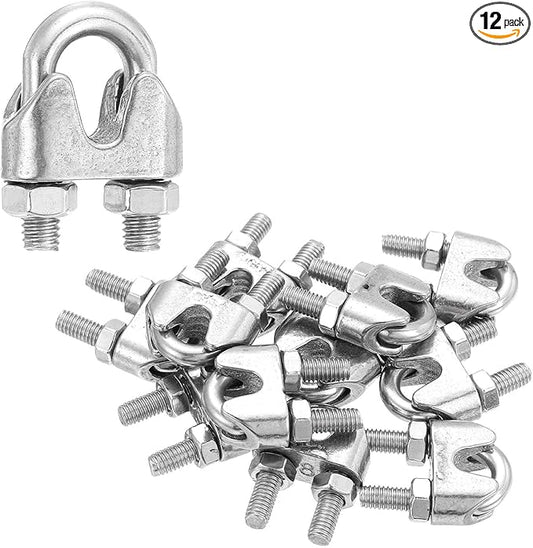 MECCANIXITY 12Pcs Wire Rope Cable Clip Clamps 5/16 Inch M8 Small 304 Stainless Steel U Bolt Saddle Fasteners Hardware for Secure Rigging Marine Guy Line Fence Clothesline, Silver