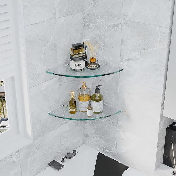 Set of 3 Shower Wall Mount Tempered Glass Shelves - Corner Shelf for Shower Organizer, No Drilling, Adhesive Mount