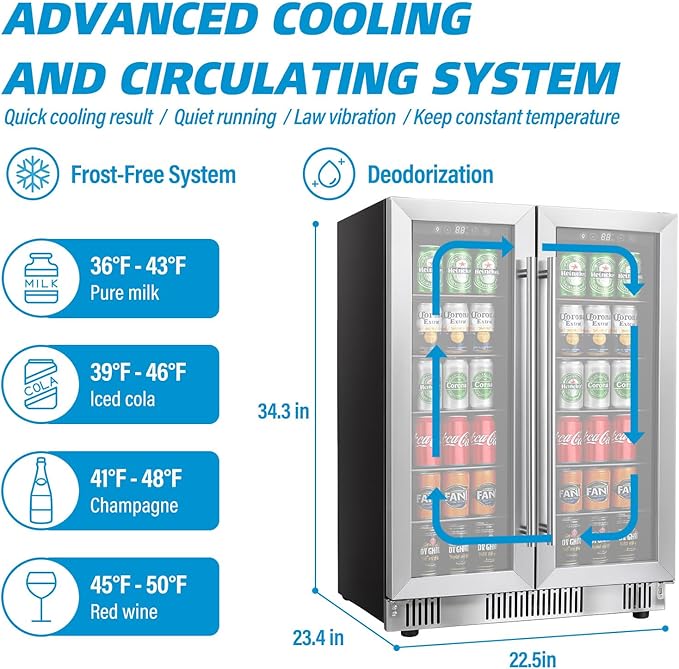 24 Inch Wine and Beverage Refrigerator, Dual Zone Wine Cooler with Advanced Cooling, 176 Cans and 42 Bottles Capacity, Built-in or Freestanding Beverage Fridge for Home, Bar, Kitchen