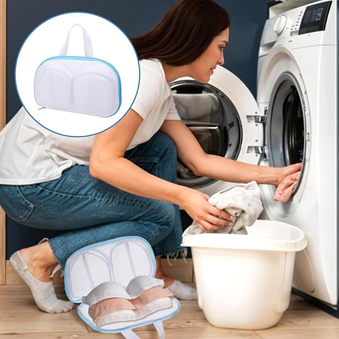 Bra Washing Bags for Laundry, 2 Pcs Mesh Bra Laundry Bags for Washing Machine Lingerie Wash Bag with Zipper for Washing Delicates Underwear Brassiere (Grey, Blue, A Cups)