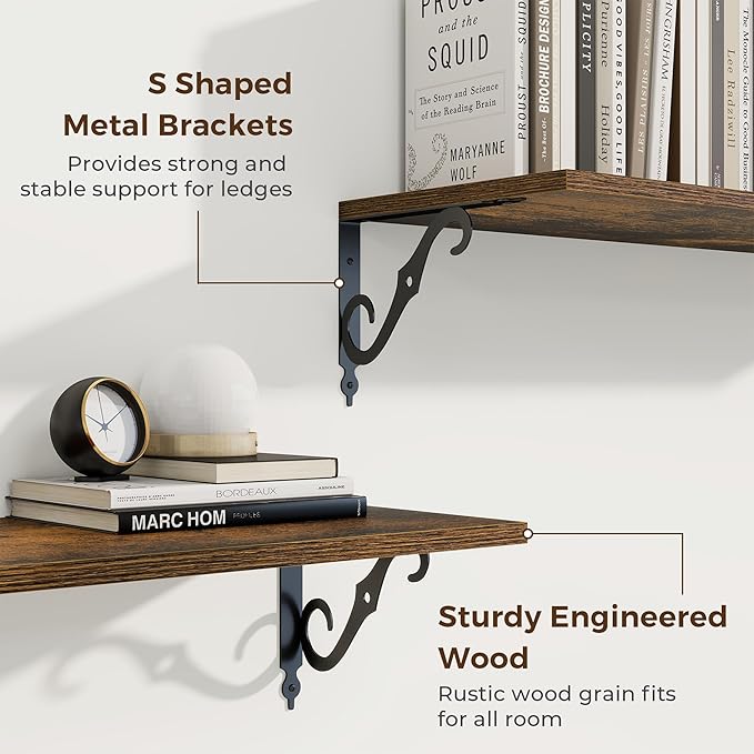RICHFOCUS 12 Inch Deep Floating Shelves for Wall, 16" W x 12" D Wood Wall Shelves Set of 2, Wide Floating Shelves for Living Room, Bedroom, Kitchen, Bathroom and Decor Storage, Rustic Brown