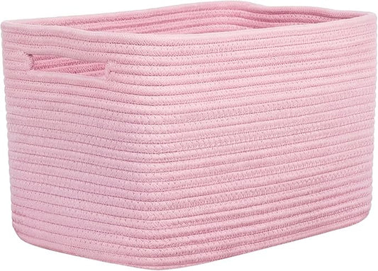 Storage Baskets for Organizing, 14 x 10 x 9” Closet Shelf Woven Baskets, Square Bins with Handles, Cotton Rope Basket for Toys, Clothes, Office, Room, Pink 1 Pack
